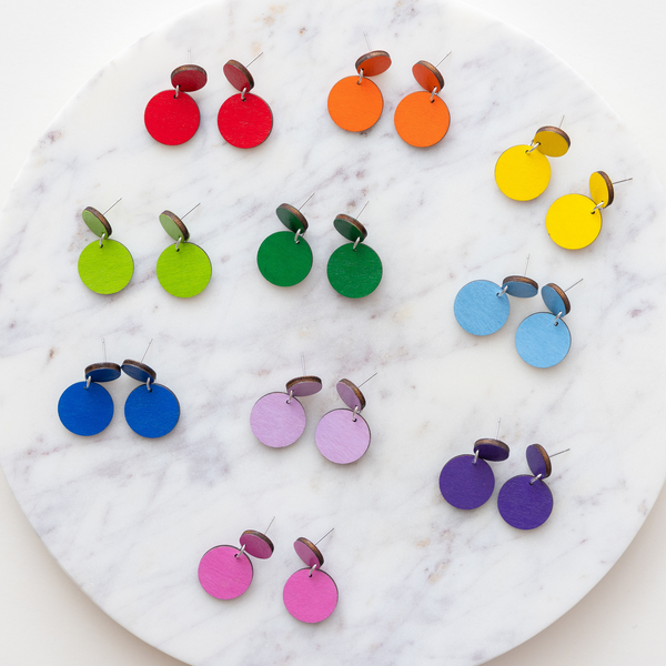 handmade colorful double circle laser cut wood earrings katie bartels