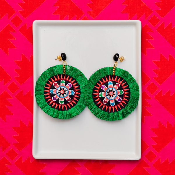 handmade womens green circle tassel earrings katie bartels