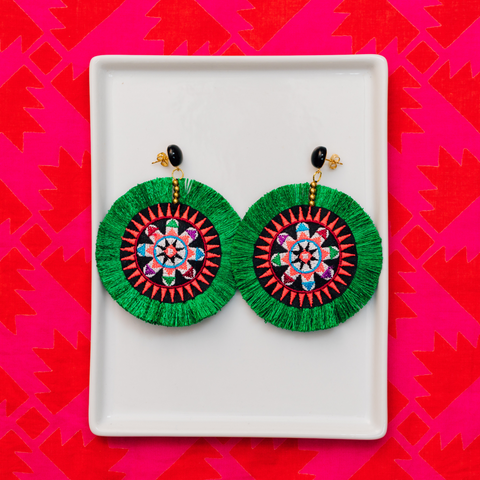 handmade womens green circle tassel earrings katie bartels
