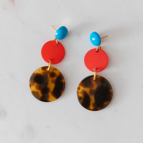 Circle Earrings, red & tortoise