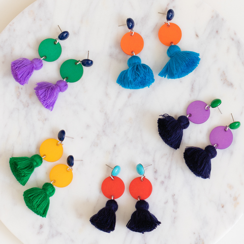 handmade womens colorful circle and tassel earrings katie bartels