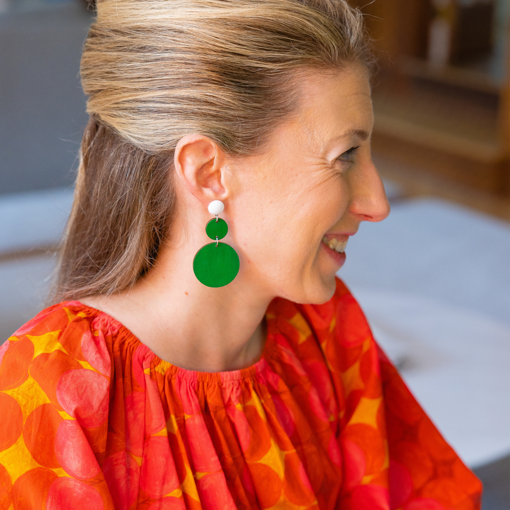 hand-painted green double circle laser cut wood earrings katie bartels