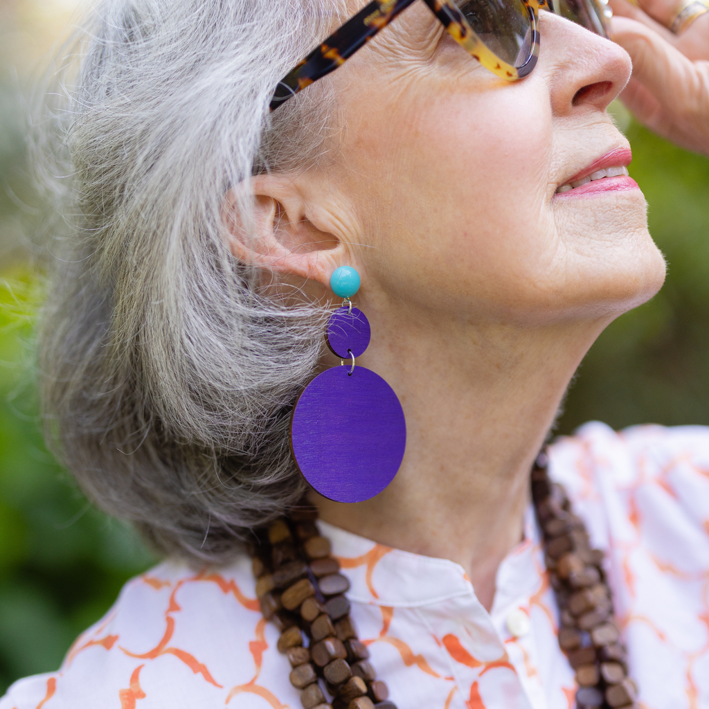 hand-painted purple laser cut wood earrings katie bartels