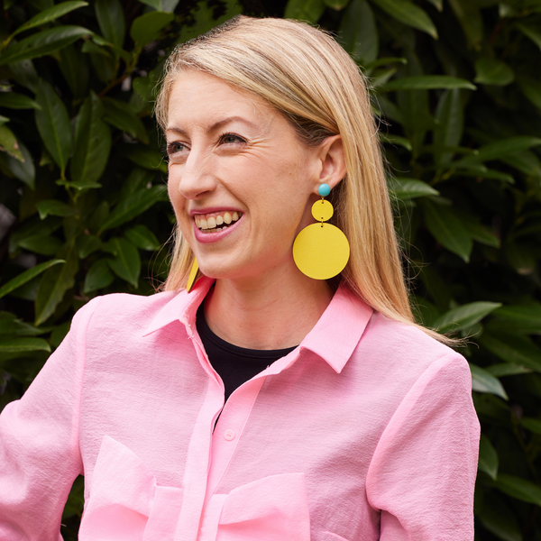 hand-painted yellow laser cut wood circle earrings katie bartels