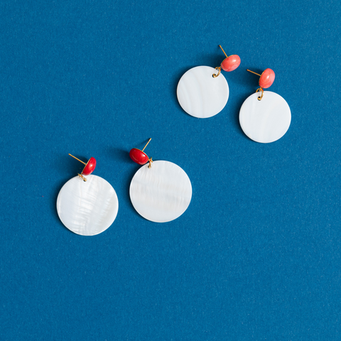 mother of pearl earrings with coral or onyx studs katie bartels