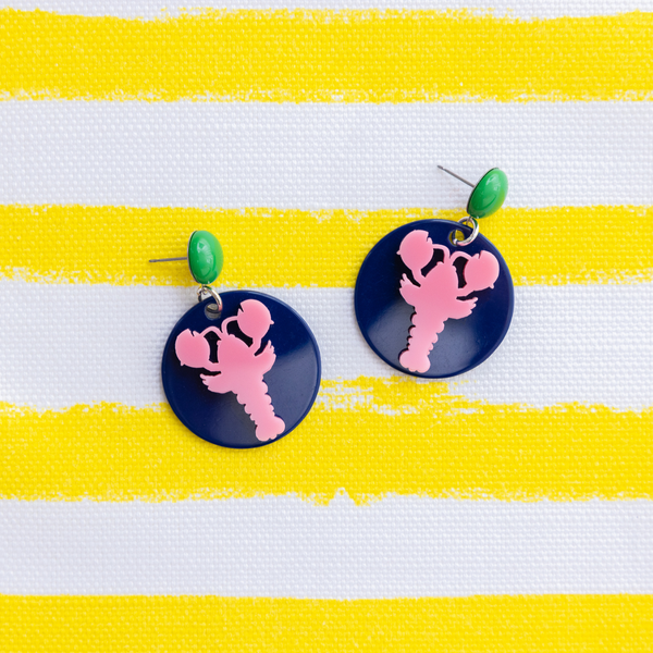 handmade pink lobster and navy circle earrings katie bartels