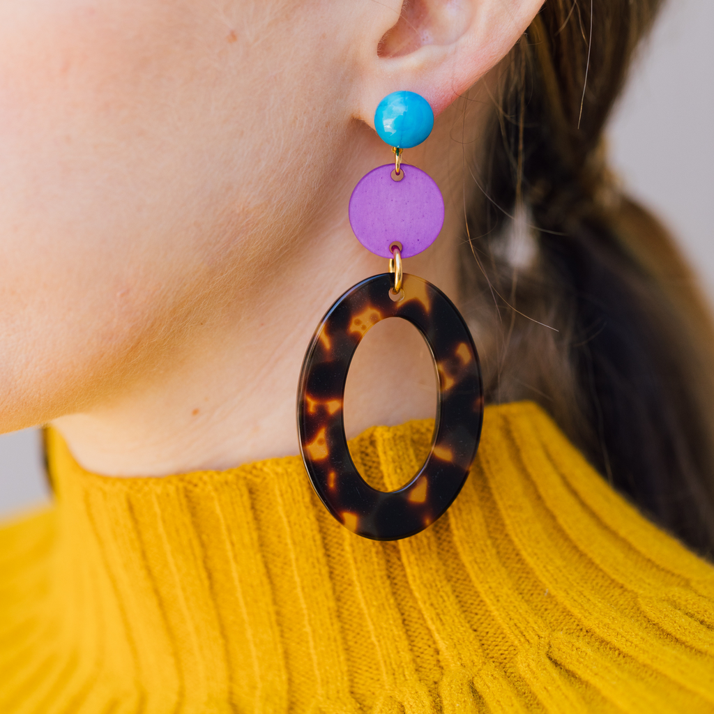 handmade womens tortoise open oval and purple circle earrings katie bartels