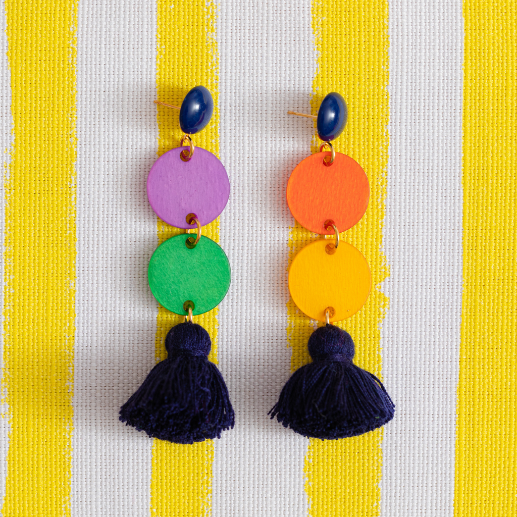 womens handmade rainbow circle and tassel earrings katie bartels