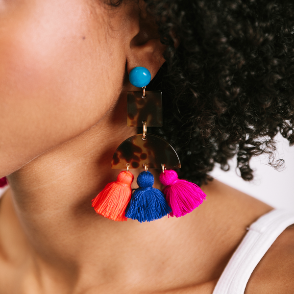 handmade womens tortoise and brightly colored tassel earrings katie bartels