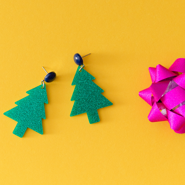 handmade womens green glitter tree drop earrings katie bartels