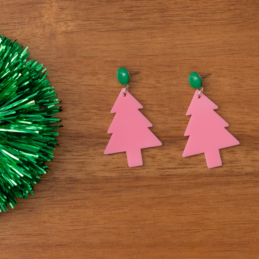 handmade womens pink holiday tree drop earrings katie bartels