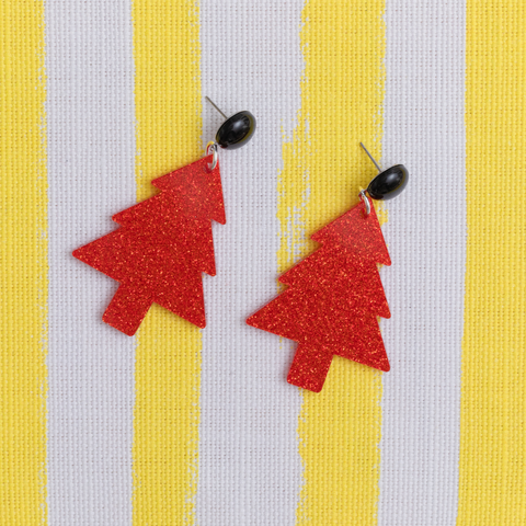 handmade womens red glitter holiday tree drop earrings katie bartels