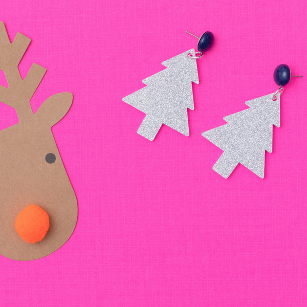 handmade womens silver glitter holiday tree drop earrings katie bartels